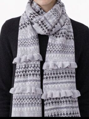 Talbots Gray Fair Isle Scarf with Ruffles Lambswool Blend Knit Classic Scarf